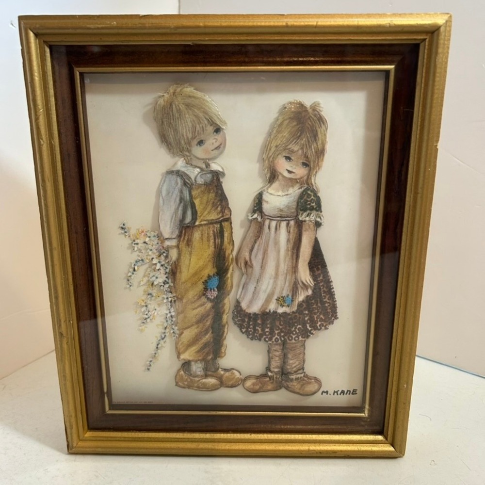 Vtg M Kane 3D Paper Tole Shadowbox Art Framed Boy Girl Decoupage Country Cottage